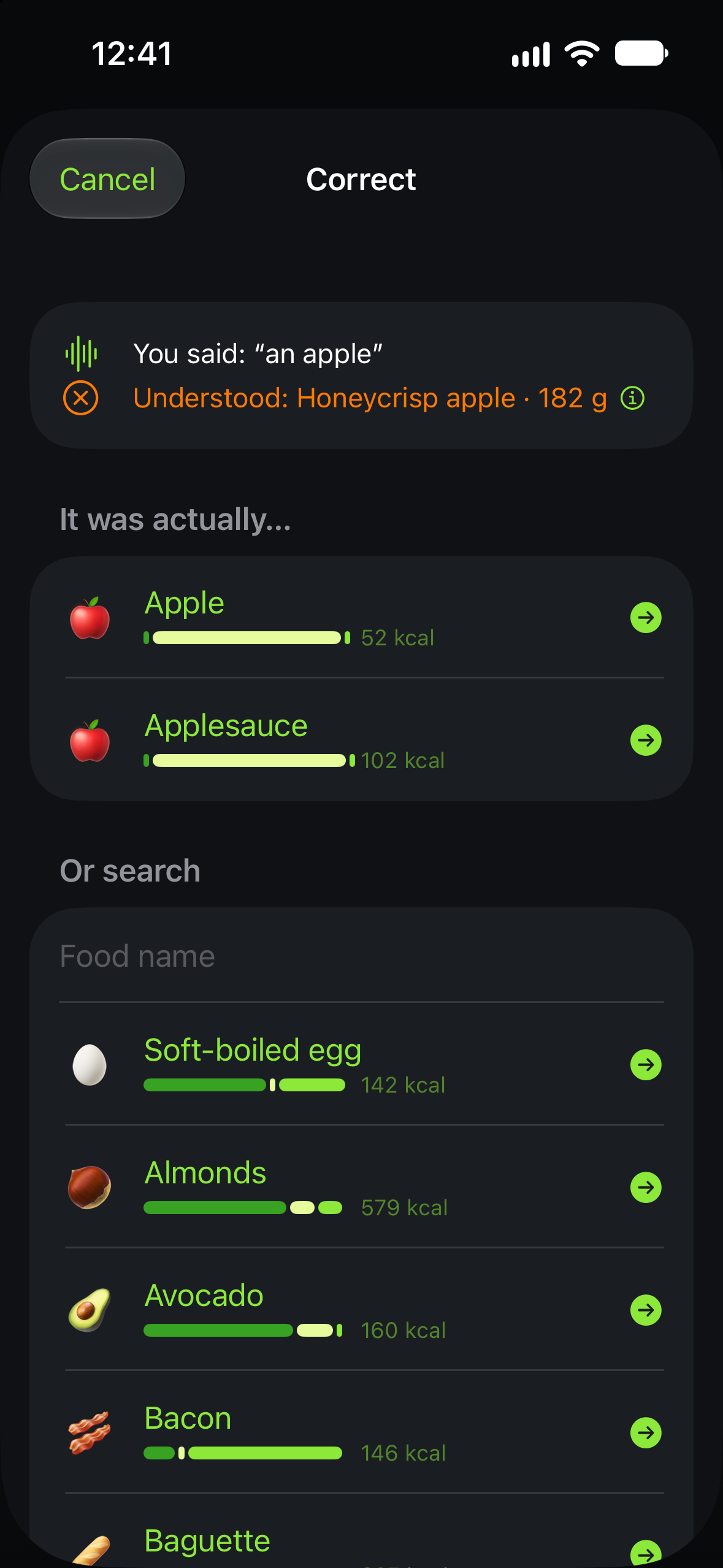 Correcting the recognized food in Calotri while keeping the amount.