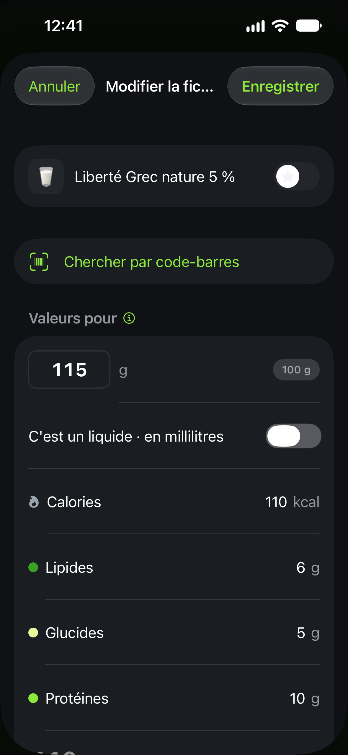 Fiche du yogourt Liberté Grec nature 5 % dans Calotri, associée à la phrase personnelle Mon yaourt 5 %.