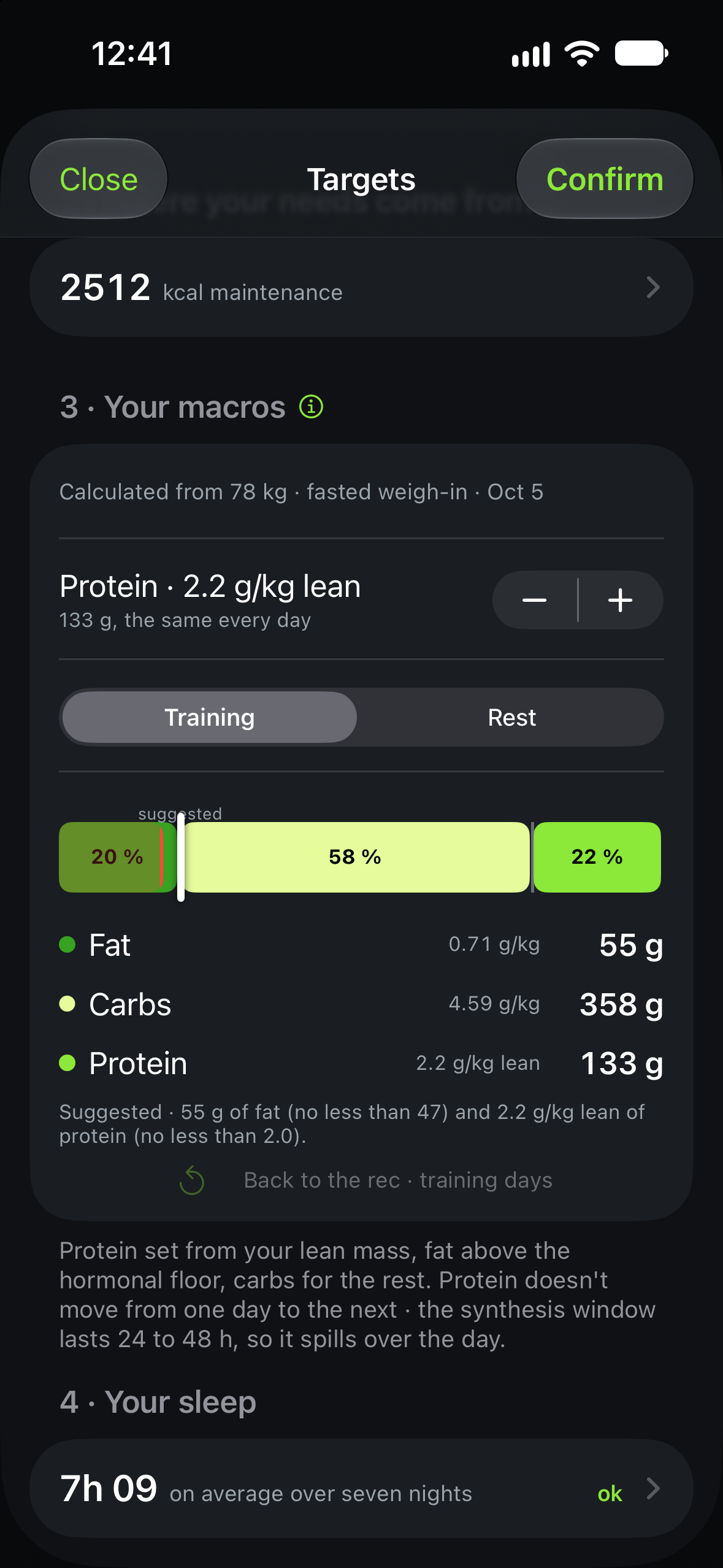 Targets screen: needs measured from your log, then the macros that follow.