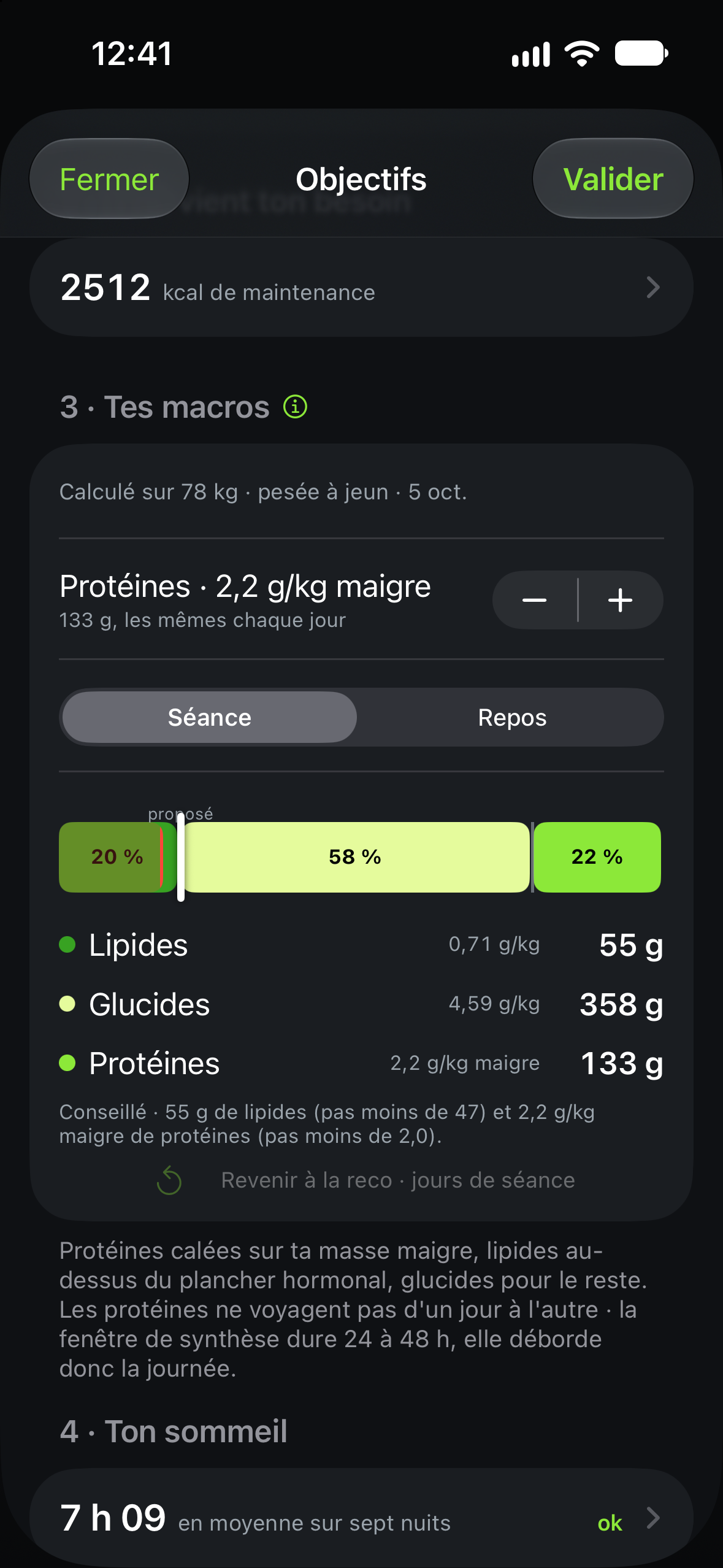 Écran Objectifs : besoin mesuré sur ton journal, puis les macros qui en découlent.