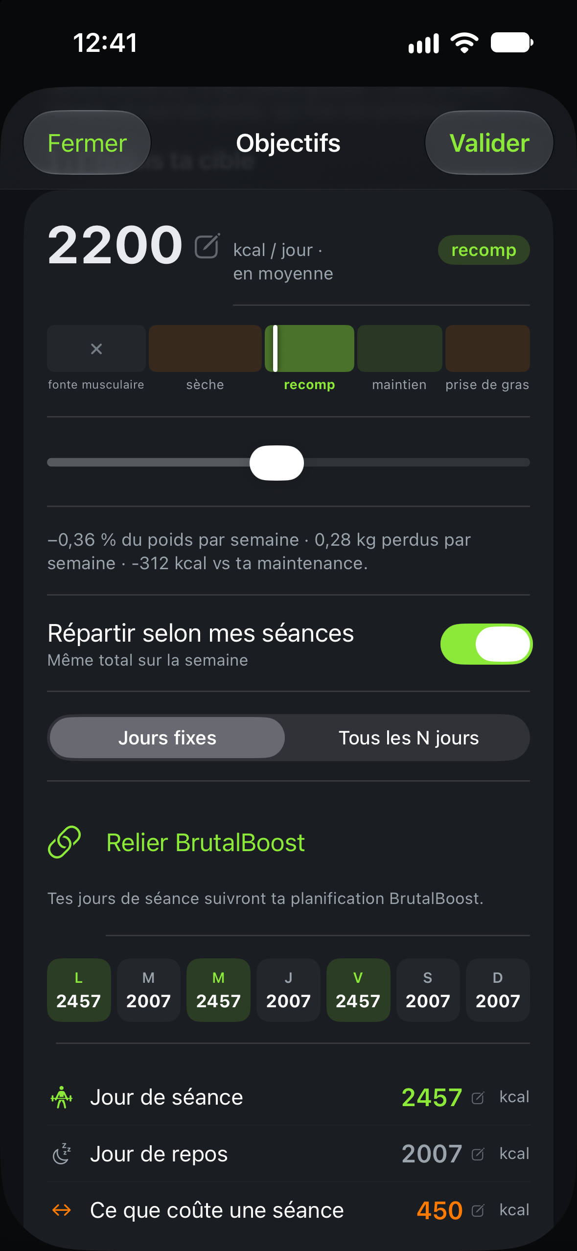Écran Objectifs : cible, zones colorées et répartition selon les jours de séance.
