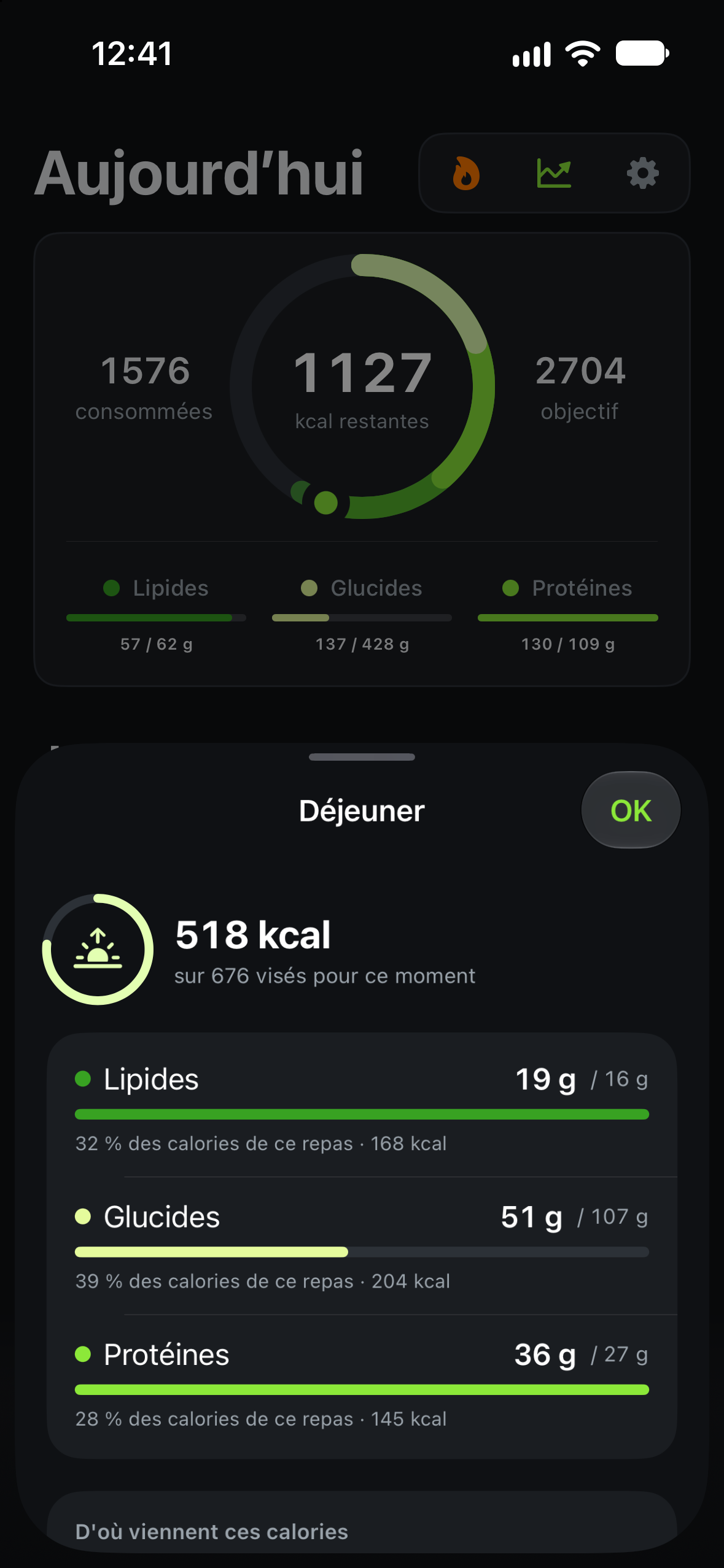 Graphique des protéines, glucides et lipides d’un repas dans Calotri.