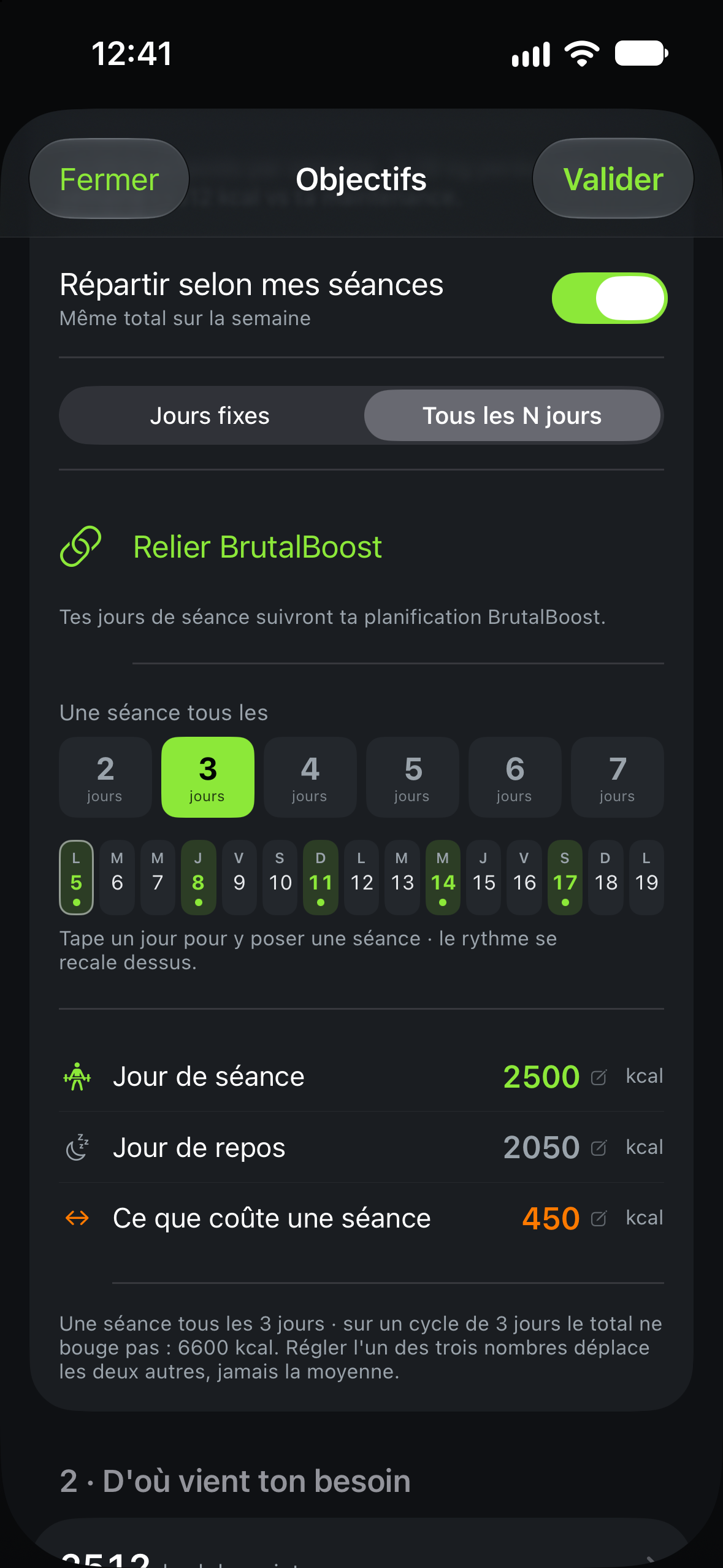 Répartition des calories dans Calotri pour une séance tous les trois jours.