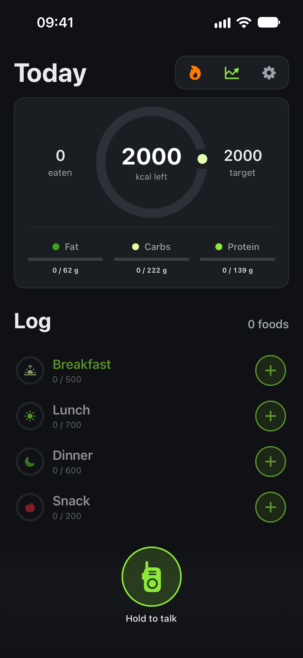 Calotri: log, calorie ring and walkie-talkie button.