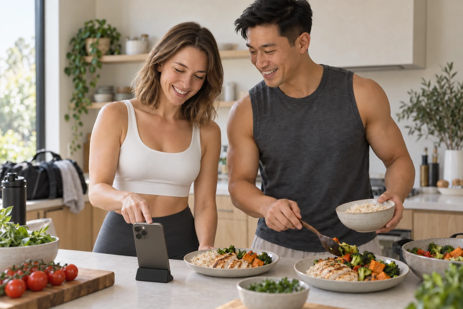 Un couple prépare son repas, avec un iPhone sur son support, écran tourné vers la personne qui utilise Calotri.