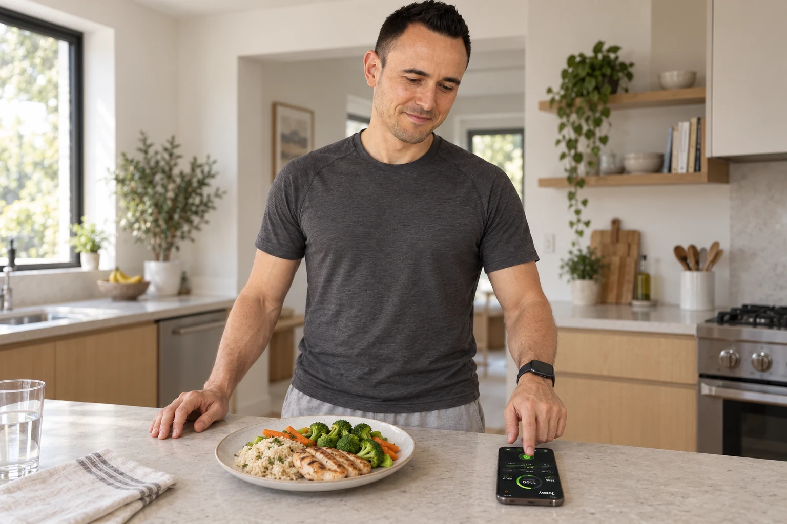 Julien utilise le bouton Talkie Walkie de son iPhone posé sur le comptoir, à côté de son assiette.