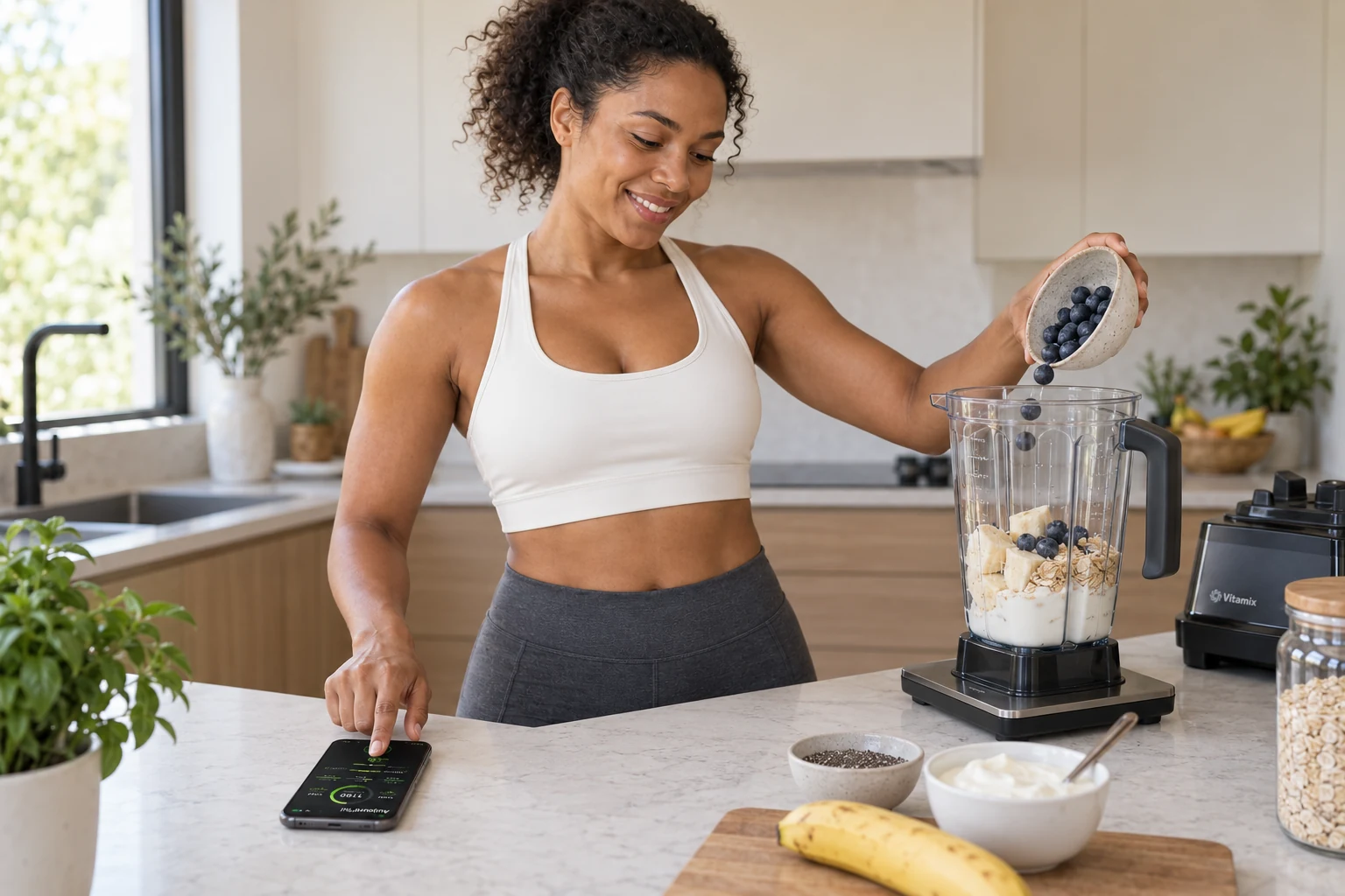 Une femme ajoute des bleuets au Vitamix et maintient le bouton Talkie Walkie de son iPhone posé sur le comptoir.